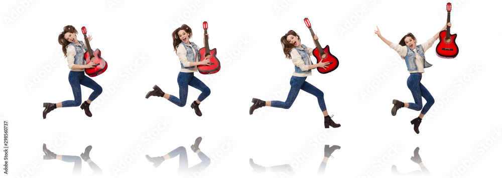 Young smiling girl with guitar isolated on white
