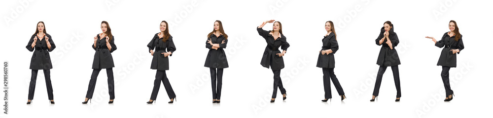 Cute girl in warm dark coat isolated on white Cute girl in warm dark coat isolated on white