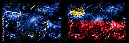 Eu, European union vs Liechtenstein, Liechtensteins new year celebration sparkling fireworks flags concept background. Combination of two states flags. © Vlad