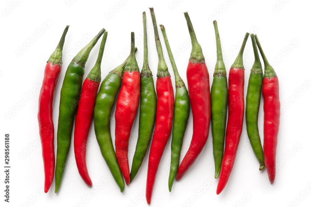Red and green chili peppers row. Isolated hot spicy pepper.
