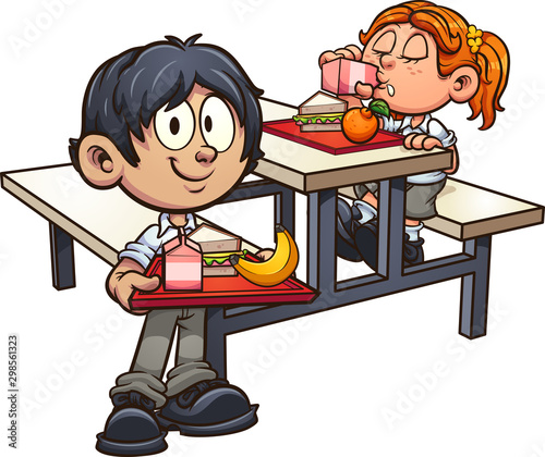School boy and girl in uniform having lunch clip art. Vector illustration with simple gradients. Some elements on separate layers. 