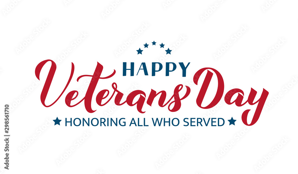 Happy Veterans Day calligraphy hand lettering isolated on white. American holiday banner. Easy to edit vector template for typography poster, flyer, sticker, greeting card, postcard, t-shirt, etc.