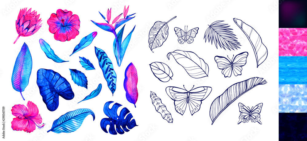 Fototapeta premium Watercolor neon tropical leaves and flowers. Banana, Monstera, Plumeria, Protea, Heliconia, Hibiscus on a white background. Perfect for cards, invitations, wedding and summer designs.