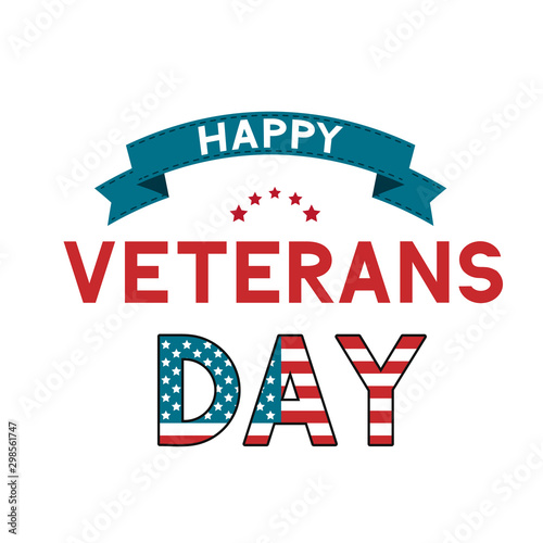 Happy Veterans Day calligraphy hand lettering with ribbon isolated on white. American holiday typography poster. Easy to edit vector template for, banner, flyer, t-shirt, greeting card, postcard.