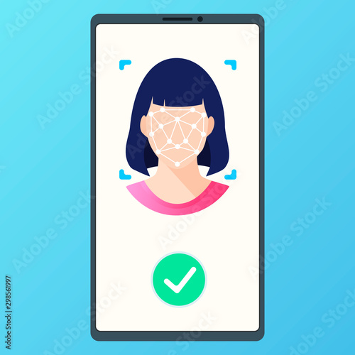 Face ID recognition and identification system. Scanning process woman's face on the screen mobile phone. Biometric identification app. Flat style vector concept illustration on blue background.