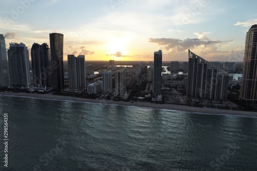 Aerial view of seascape sunset. Sunny Isles  Miami  United States. Great landscape. Vacation travel. Tropical travel.