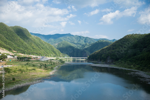 a wide river passing through green mountains