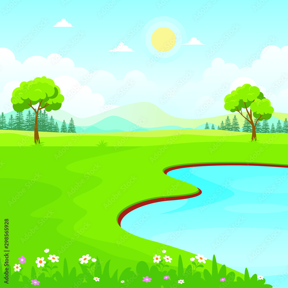 Nature Landscape Vector with lake, or sea view Illustration design, cute, lovely, adorable and scenery landscape design Nature Landscape Vector with lake, or sea view Illustration design, cute, lovely, adorable and scenery landscape design