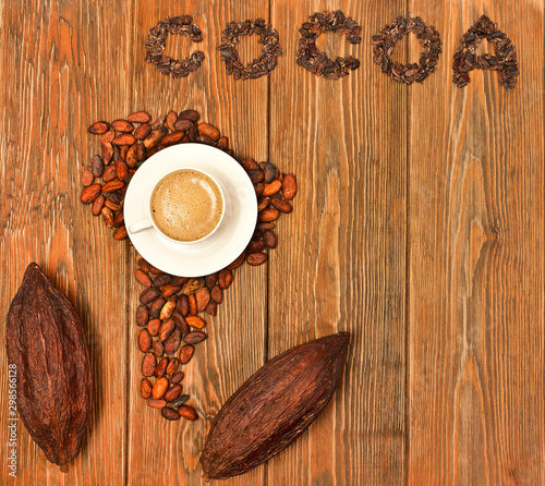 South America continent made of cocoa beans, the word "cocoa" made of cacao nibs, cup of cacao drink with cocoa pods on a wooden background. Top view.