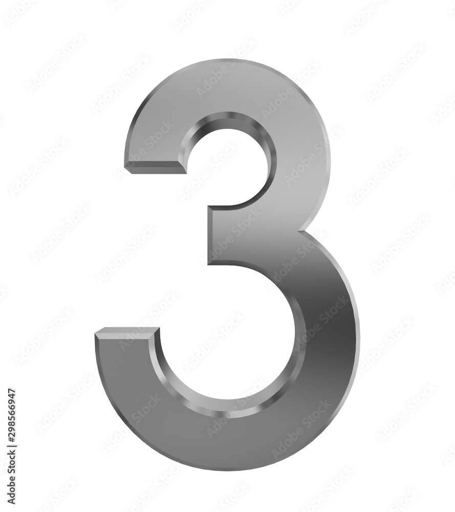Metal numbers three isolated with clipping path on white background, 3d rendering Metal numbers three isolated with clipping path on white background, 3d rendering
