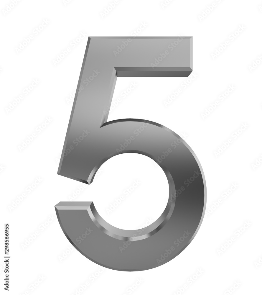 Metal numbers five isolated with clipping path on white background, 3d rendering Metal numbers five isolated with clipping path on white background, 3d rendering