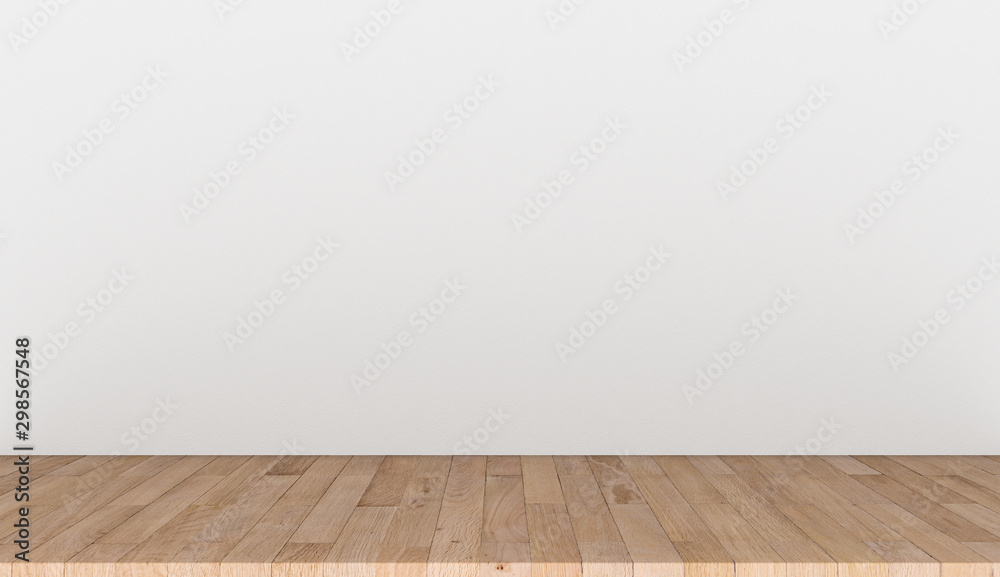 Empty top wooden table on white concrete background, Empty ready for your product display or montage, 3D rendering