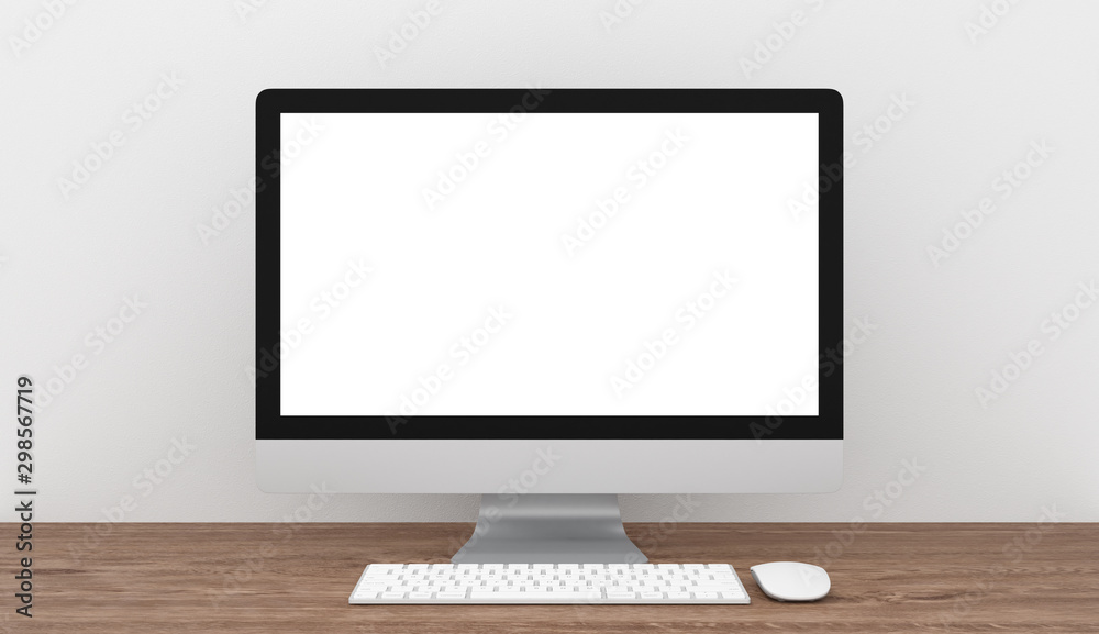 Computer with blank screen on wooden table, workspace mock up concept, 3d rendering Computer with blank screen on wooden table, workspace mock up concept, 3d rendering