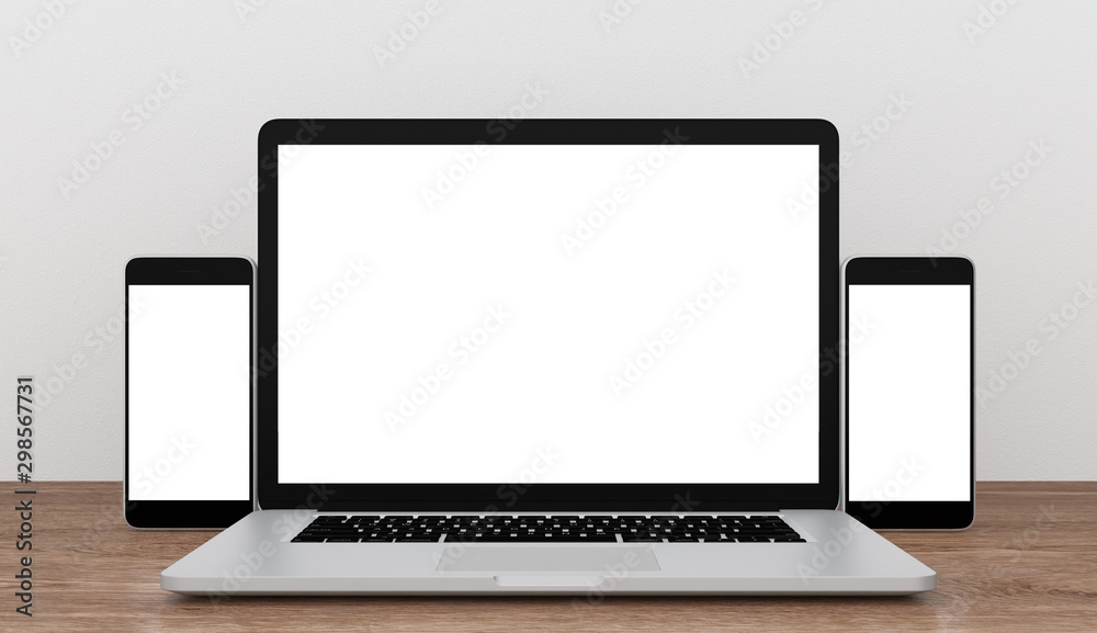 Laptop and smartphone with blank screen on wooden table, workspace mock up concept, 3d rendering Laptop and smartphone with blank screen on wooden table, workspace mock up concept, 3d rendering