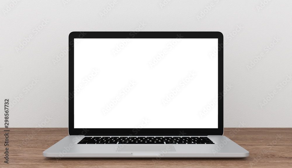 Laptop with blank screen on wooden table, workspace mock up concept, 3d rendering Laptop with blank screen on wooden table, workspace mock up concept, 3d rendering