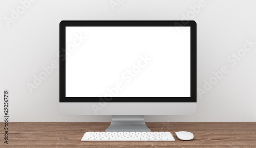 Computer with blank screen on wooden table, workspace mock up concept, 3d rendering