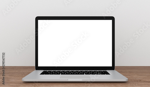 Laptop with blank screen on wooden table, workspace mock up concept, 3d rendering