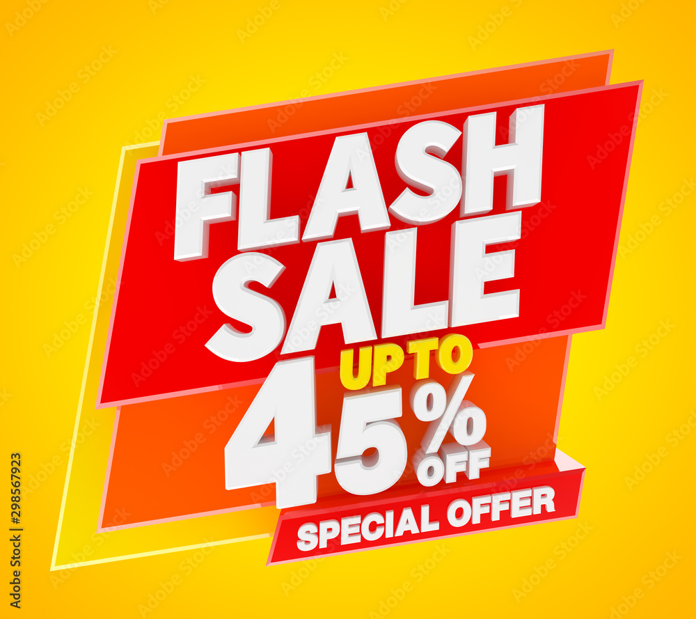Flash sale up to 45 % off special offer banner, 3d rendering.