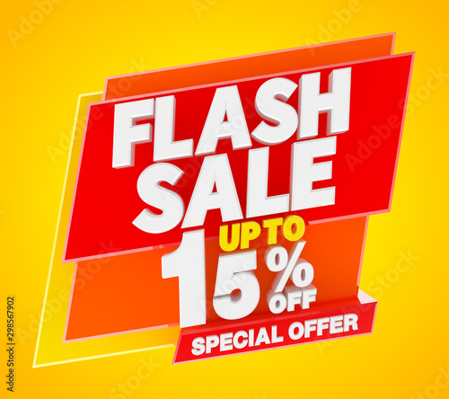 Flash sale up to 15 % off special offer banner, 3d rendering.