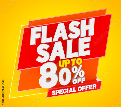 Flash sale up to 80 % off special offer banner, 3d rendering.