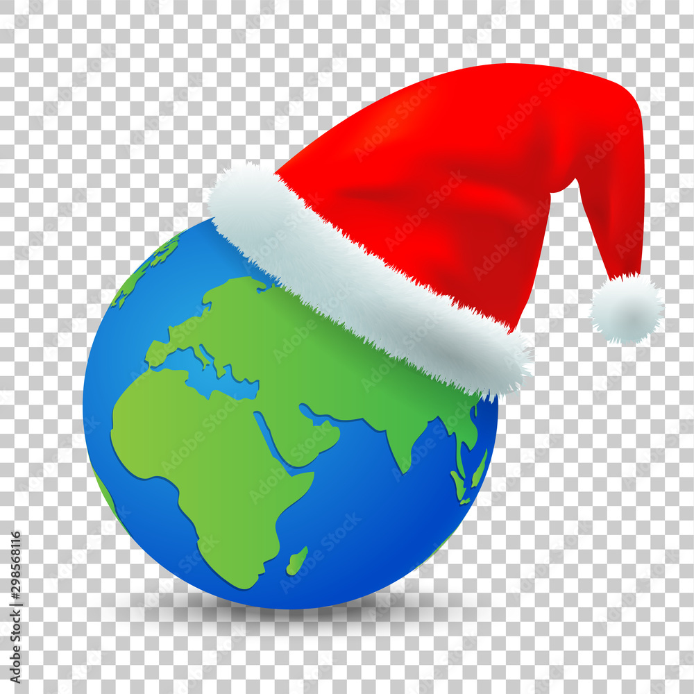 Santa Claus hat placed on earth, Merry Christmas and Happy New Year, Isolated on transparent background Santa Claus hat placed on earth, Merry Christmas and Happy New Year, Isolated on transparent background