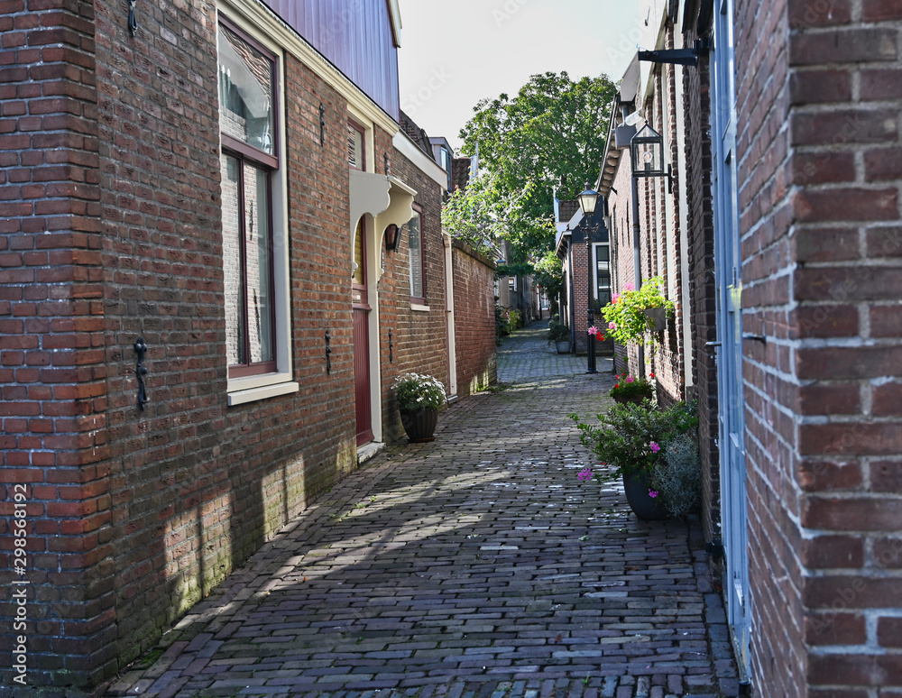 Town Cobblestone Alley Between Brick Homes in Edam Netherlands 
