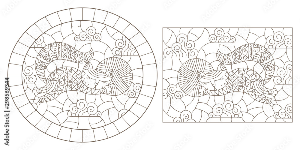 Set of contour illustrations of stained glass Windows with cute cartoon cats on a cloud background, dark contours on a white background