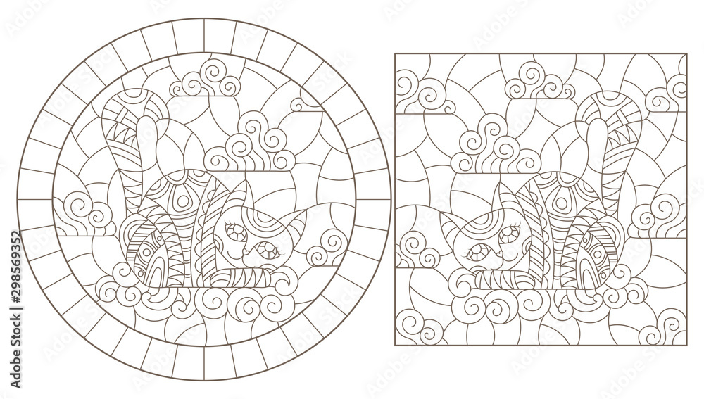 Set of contour illustrations of stained glass Windows with cute cartoon cats on a cloud background, dark contours on a white background Set of contour illustrations of stained glass Windows with cute cartoon cats on a cloud background, dark contours on a white background