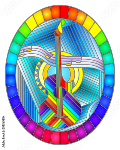 Illustration in stained glass style on the theme of music, abstract guitar and notes on a blue background, oval image in bright frame