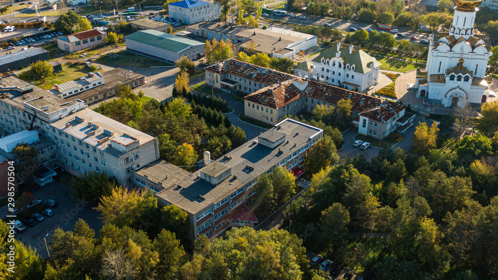 Road clinical hospital in Khabarovsk top view. The Church of the Holy Martyr Grand Duchess Elizabeth in Khabarovsk in the summer on the territory of the railway hospital