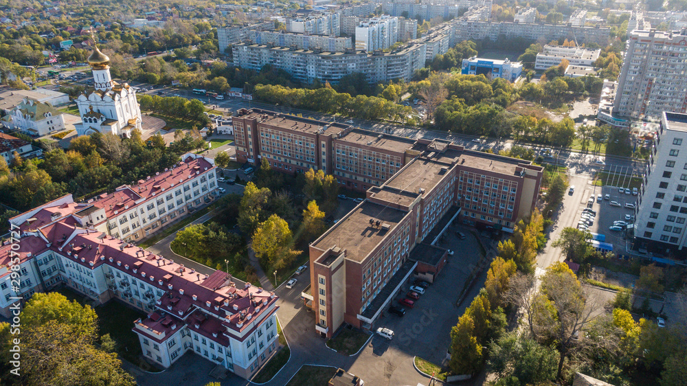 Road clinical hospital in Khabarovsk top view. The Church of the Holy Martyr Grand Duchess Elizabeth in Khabarovsk in the summer on the territory of the railway hospital