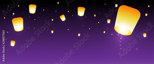 Sky lanterns floating in night sky. Vector illustration. Lanterns Festival.