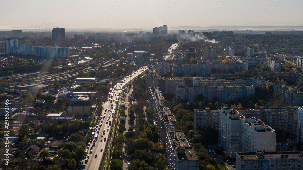 Obraz premium Khabarovsk, district of steppe . Zheleznodorozhny district. the view from the top. taken from a drone