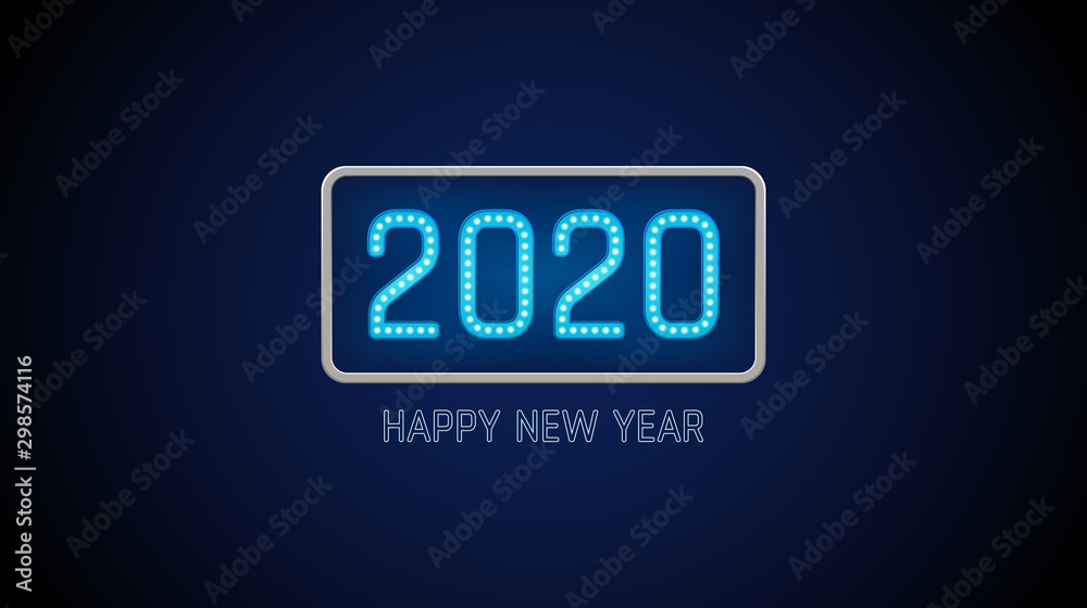 Happy new year 2020 text in light bulb board with bright neon on blue color background Happy new year 2020 text in light bulb board with bright neon on blue color background