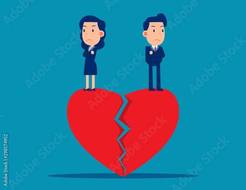 Couple standing on broken heart. Cute business cartoon vector design