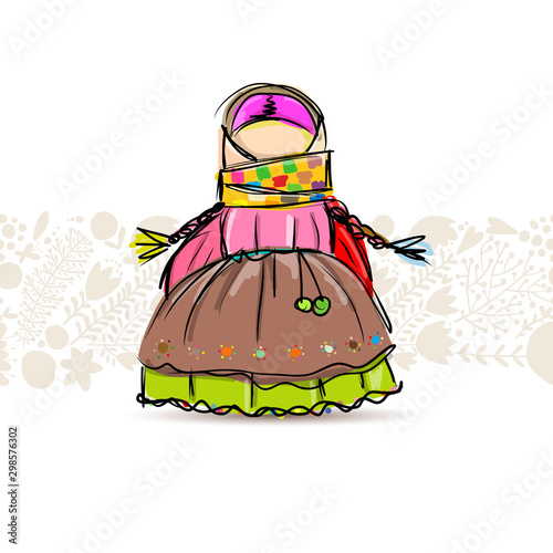 Handmade folk doll mascot, sketch for your design