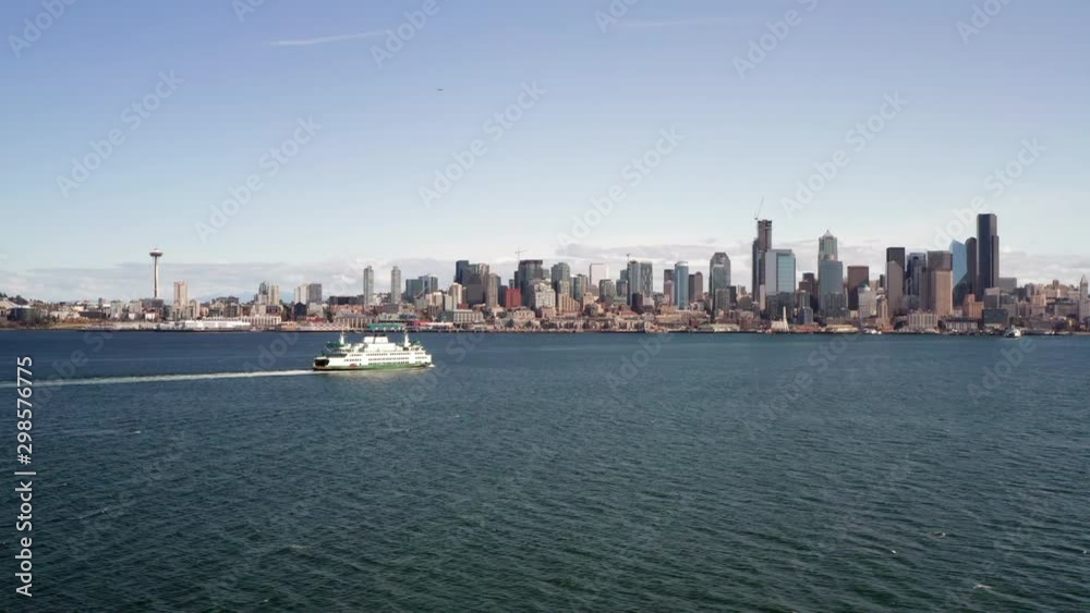 Aerial Orbit of Downtown Seattle on a Sunny Day with the Car Ferry in Foreground from Left or Right Aerial Orbit of Downtown Seattle on a Sunny Day with the Car Ferry in Foreground from Left or Right