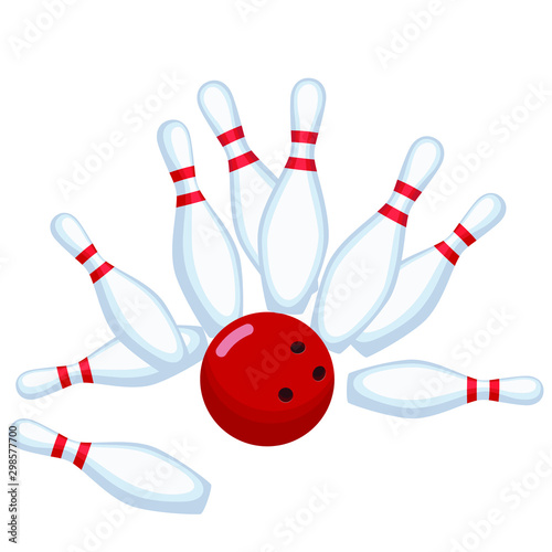 Bowling image on white background. Flat vector image of bowling pins and bowling ball on white background.