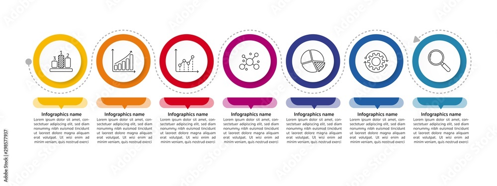 Infographic Timeline template can be used for workflow layout, diagram, number options, web design. Infographic business concept with 7 option, parts, steps or processes. Abstract background. Infographic Timeline template can be used for workflow layout, diagram, number options, web design. Infographic business concept with 7 option, parts, steps or processes. Abstract background.