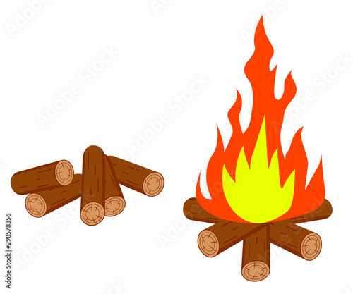 The fire icon. Vector isolated image of a campfire with firewood. Flat bonfire icon on white background. Firewood flat isolated image on white background