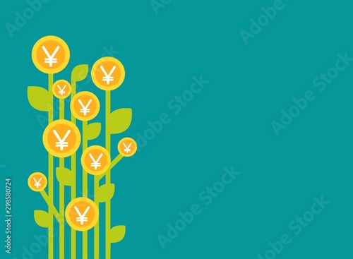 Green bamboo plant with gold yen coins. Money tree on blue background.