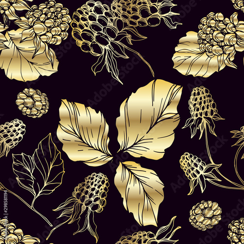 Vector Blackberry healthy food. Black and white engraved ink art. Seamless background pattern.