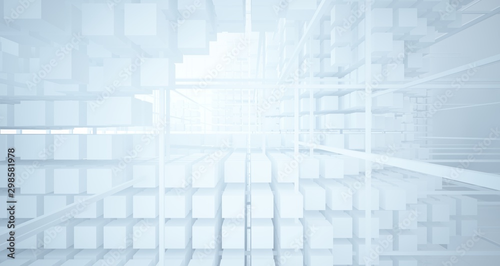 Abstract white architectural interior from an array of white cubes with large windows. 3D illustration and rendering. Abstract white architectural interior from an array of white cubes with large windows. 3D illustration and rendering.