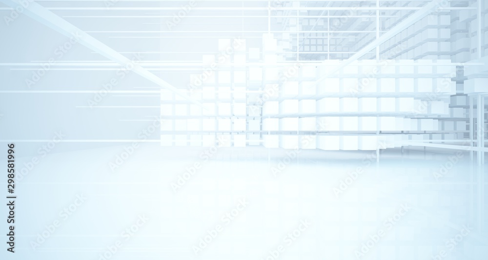Abstract white architectural interior from an array of white cubes with large windows. 3D illustration and rendering. Abstract white architectural interior from an array of white cubes with large windows. 3D illustration and rendering.