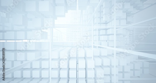 Abstract white architectural interior from an array of white cubes with large windows. 3D illustration and rendering.