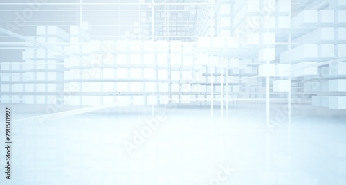 Abstract white architectural interior from an array of white cubes with large windows. 3D illustration and rendering.