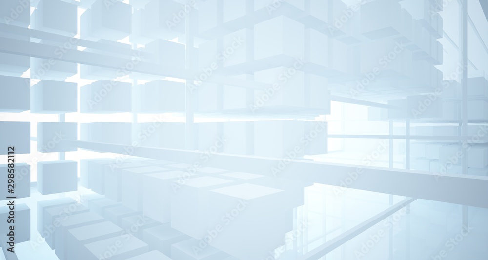 Fototapeta premium Abstract white architectural interior from an array of white cubes with large windows. 3D illustration and rendering.