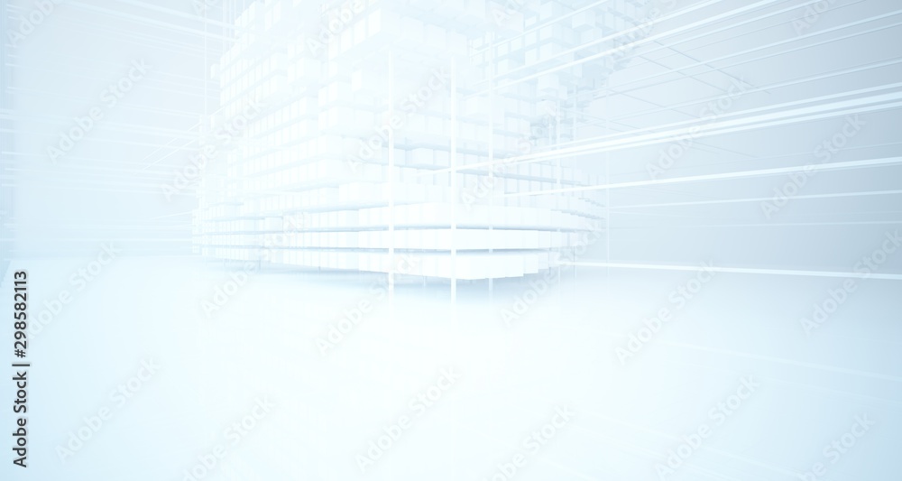 Abstract white architectural interior from an array of white cubes with large windows. 3D illustration and rendering.