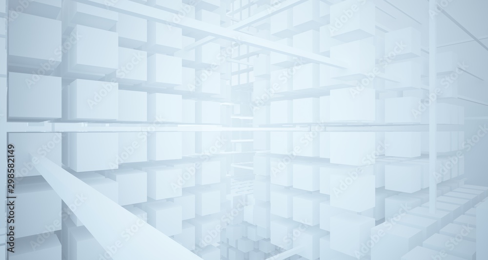 Fototapeta premium Abstract white architectural interior from an array of white cubes with large windows. 3D illustration and rendering.