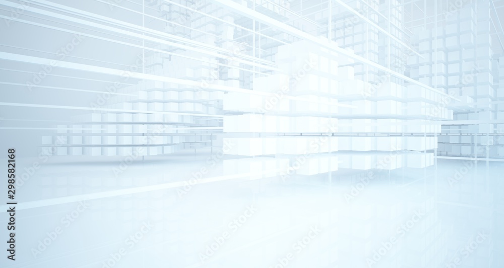 Abstract white architectural interior from an array of white cubes with large windows. 3D illustration and rendering. Abstract white architectural interior from an array of white cubes with large windows. 3D illustration and rendering.